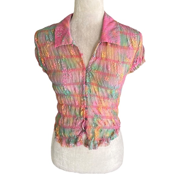 NWOT Free People Julie Printed Lace Mesh Crop Top in Tropical Sunset Combo - S - Picture 15 of 15